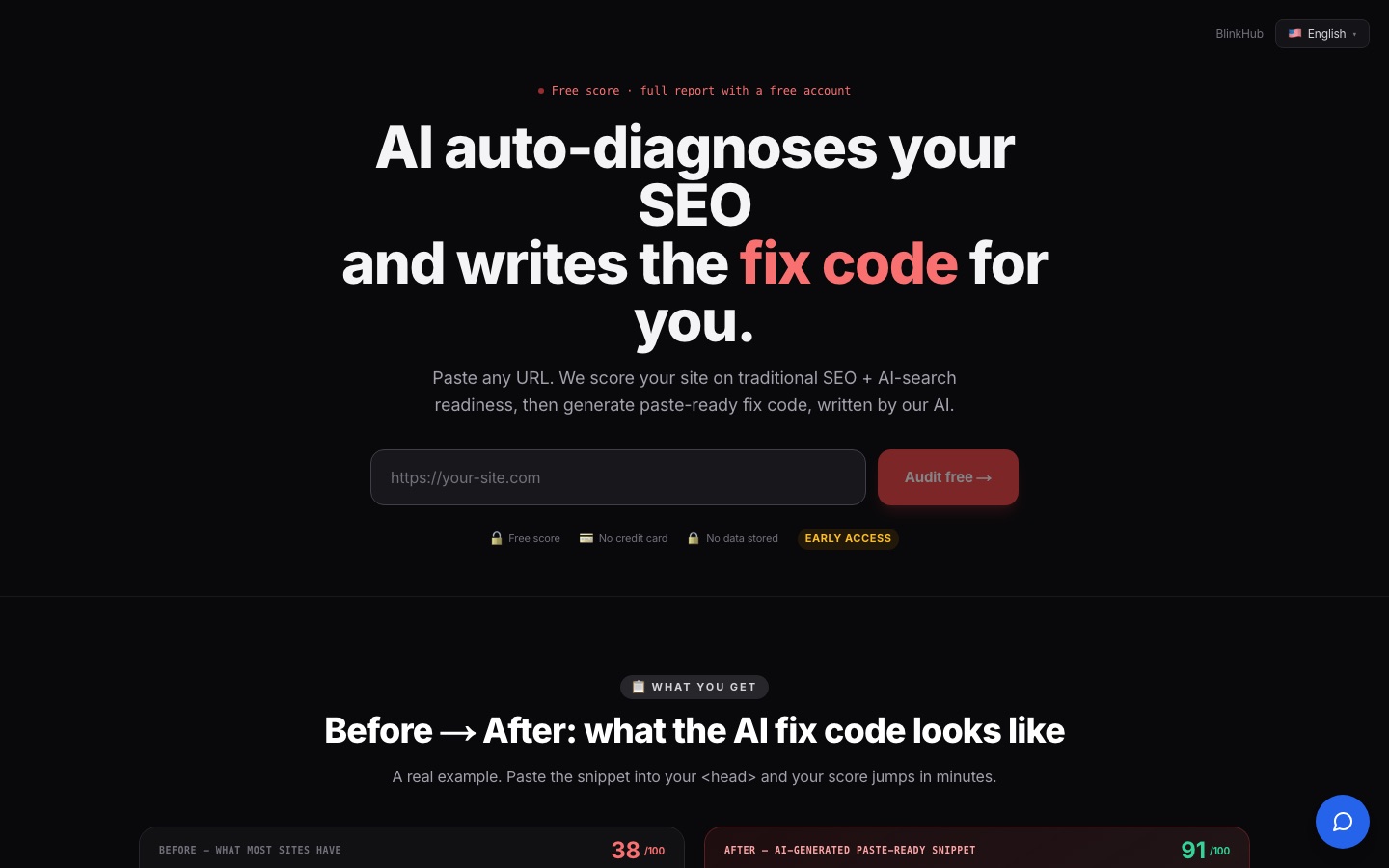 BlinkHub free SEO and AI search audit landing page