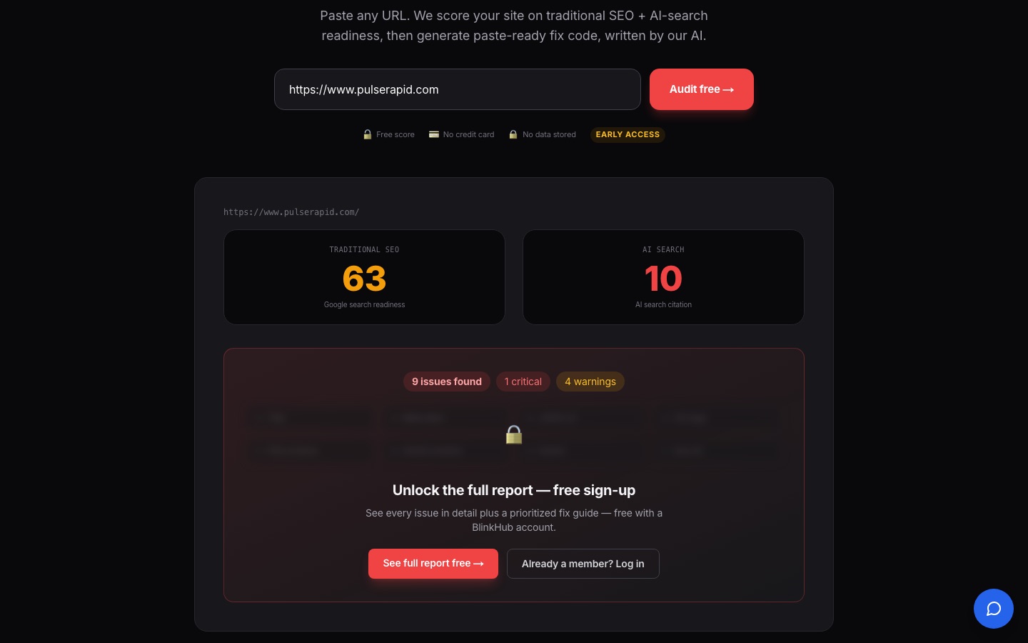 BlinkHub SEO audit result for pulserapid.com: traditional SEO 63, AI search 10, 9 issues found