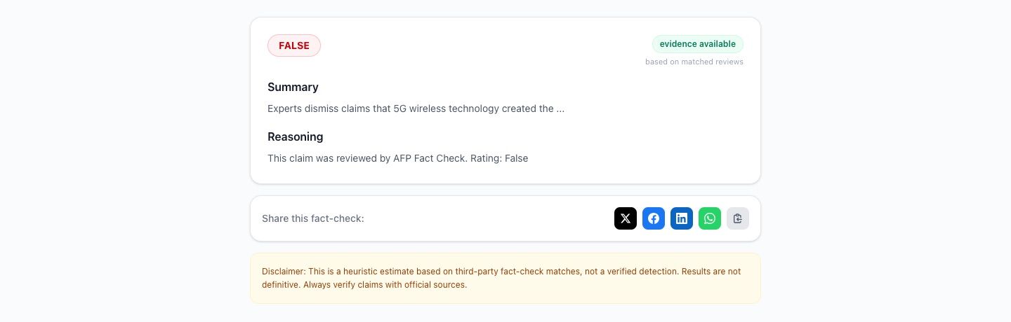 FAXTR result for the claim 5G networks spread COVID-19, rated False, reviewed by AFP Fact Check